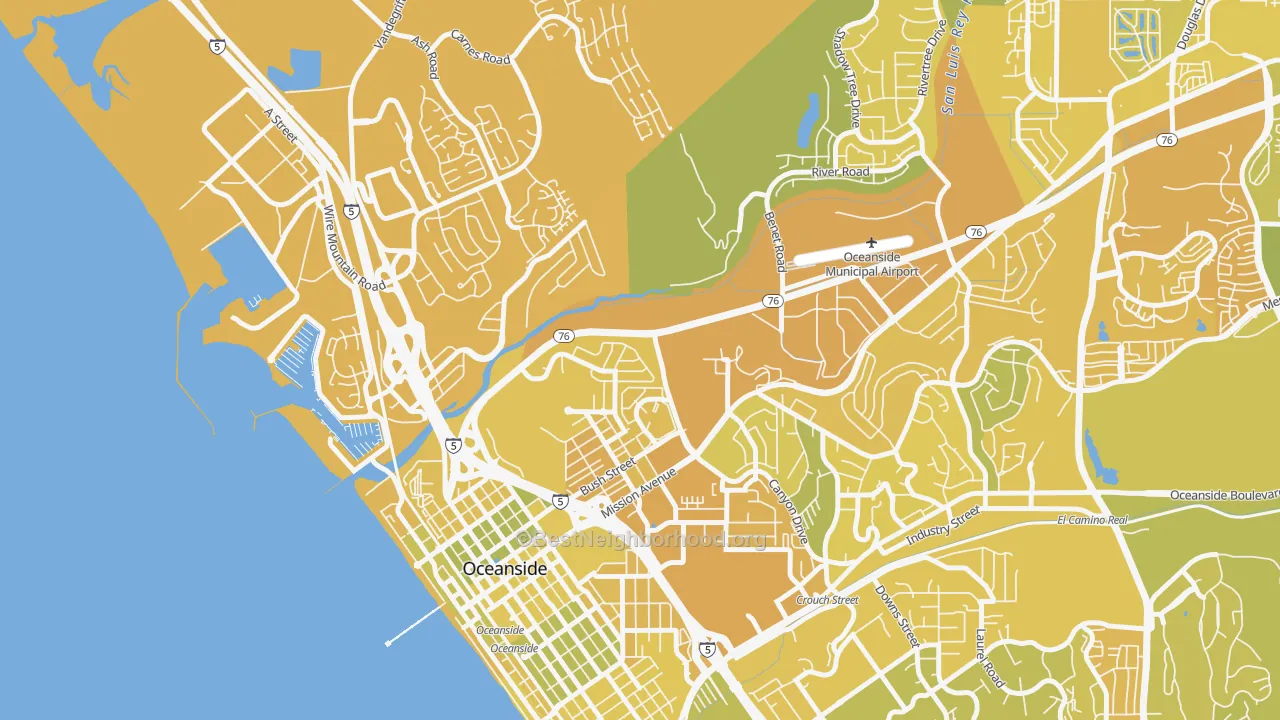 Map of the best neighborhoods in the East Side Capistrano, Oceanside area, with better matches in green and worse matches in red
