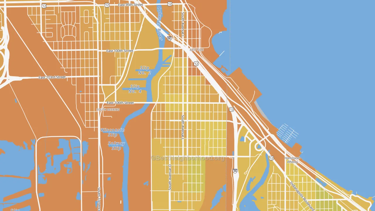 Map of the best neighborhoods in the East Side, Chicago area, with better matches in green and worse matches in red