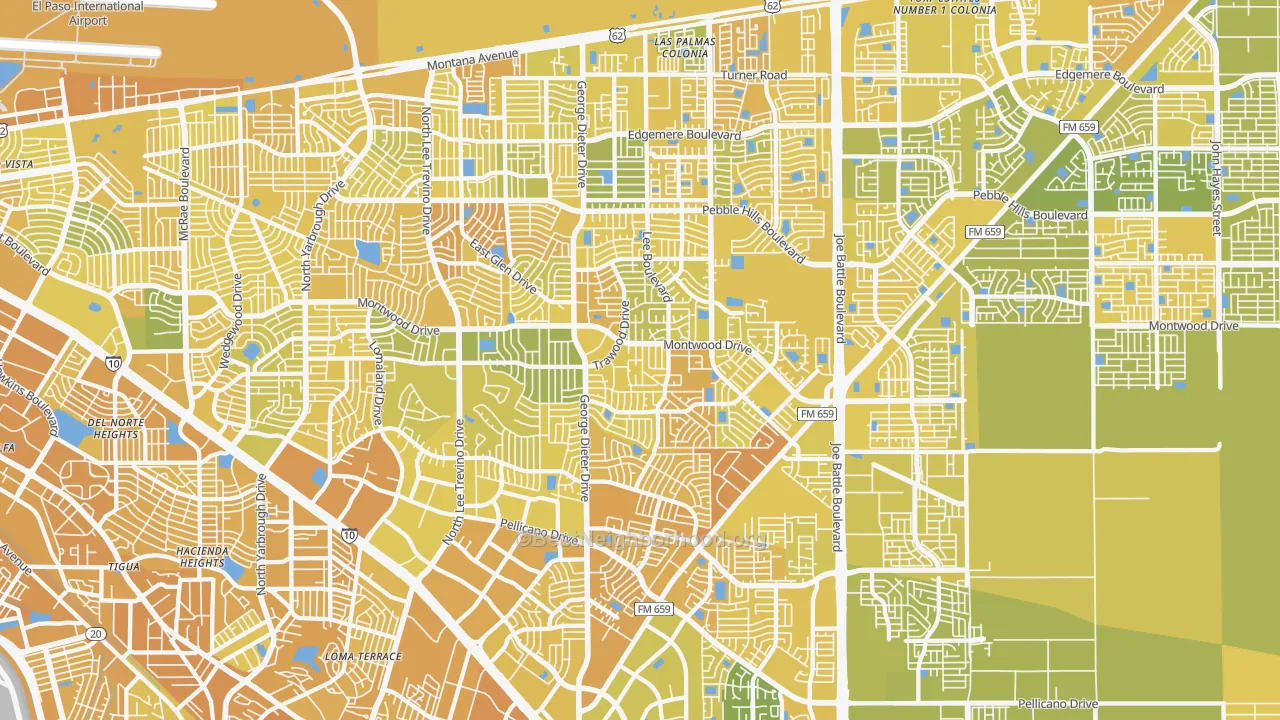 Map of the best neighborhoods in the East Side, El Paso area, with better matches in green and worse matches in red