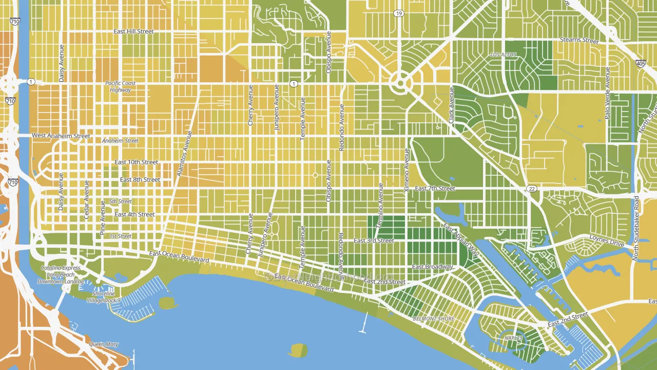 Map of the best neighborhoods in the East Side, Long Beach area, with better matches in green and worse matches in red