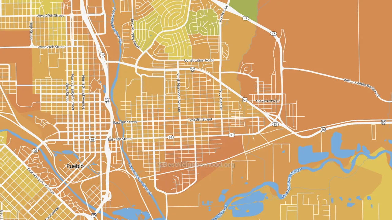 Map of the best neighborhoods in the East Side, Pueblo area, with better matches in green and worse matches in red
