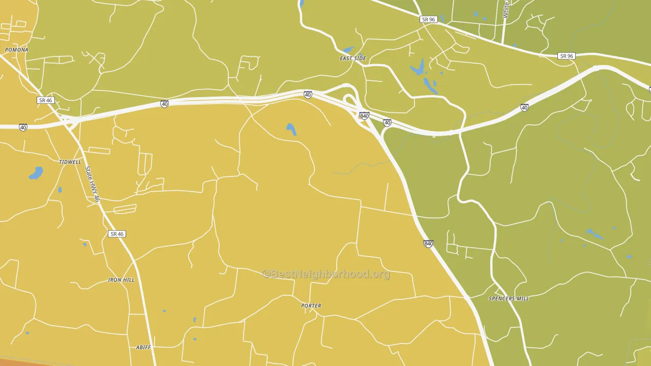 Map of the best neighborhoods in the East Side area, with better matches in green and worse matches in red