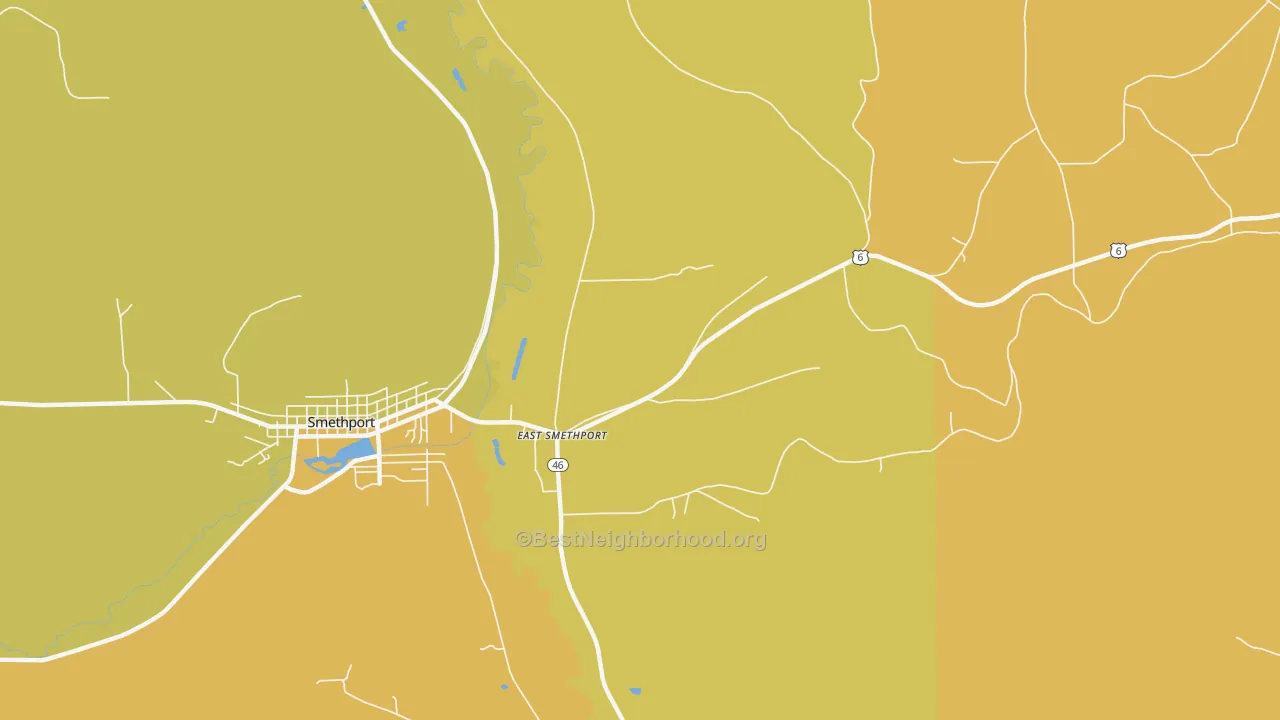 Map of the best neighborhoods in the East Smethport area, with better matches in green and worse matches in red