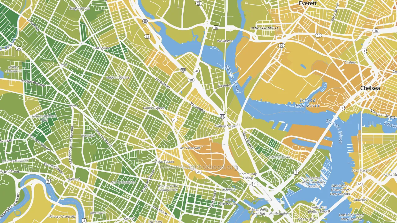 Map of the best neighborhoods in the East Somerville, Somerville area, with better matches in green and worse matches in red