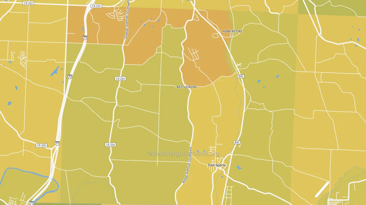 Map of the best neighborhoods in the East Sparta area, with better matches in green and worse matches in red