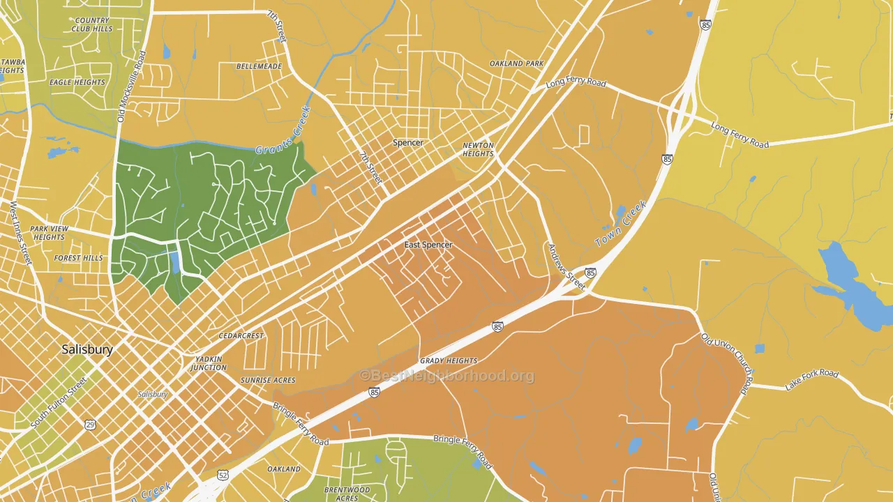Map of the best neighborhoods in the East Spencer area, with better matches in green and worse matches in red