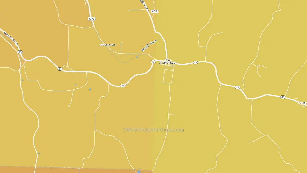 Map of the best neighborhoods in the East Springfield area, with better matches in green and worse matches in red