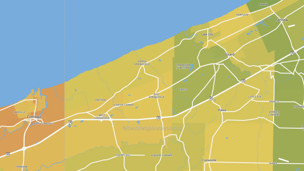 Map of the best neighborhoods in the East Springfield area, with better matches in green and worse matches in red