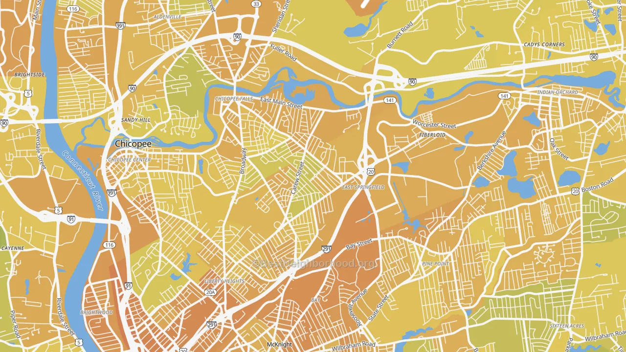 Map of the best neighborhoods in the East Springfield, Springfield area, with better matches in green and worse matches in red