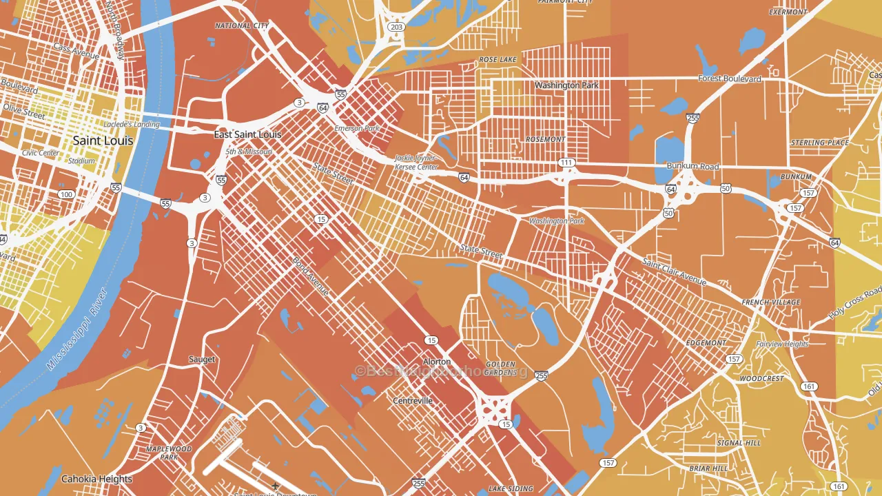 Map of the best neighborhoods in the East St. Louis area, with better matches in green and worse matches in red