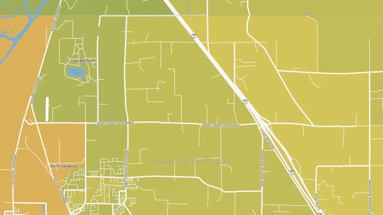Map of the best neighborhoods in the East Stanwood area, with better matches in green and worse matches in red