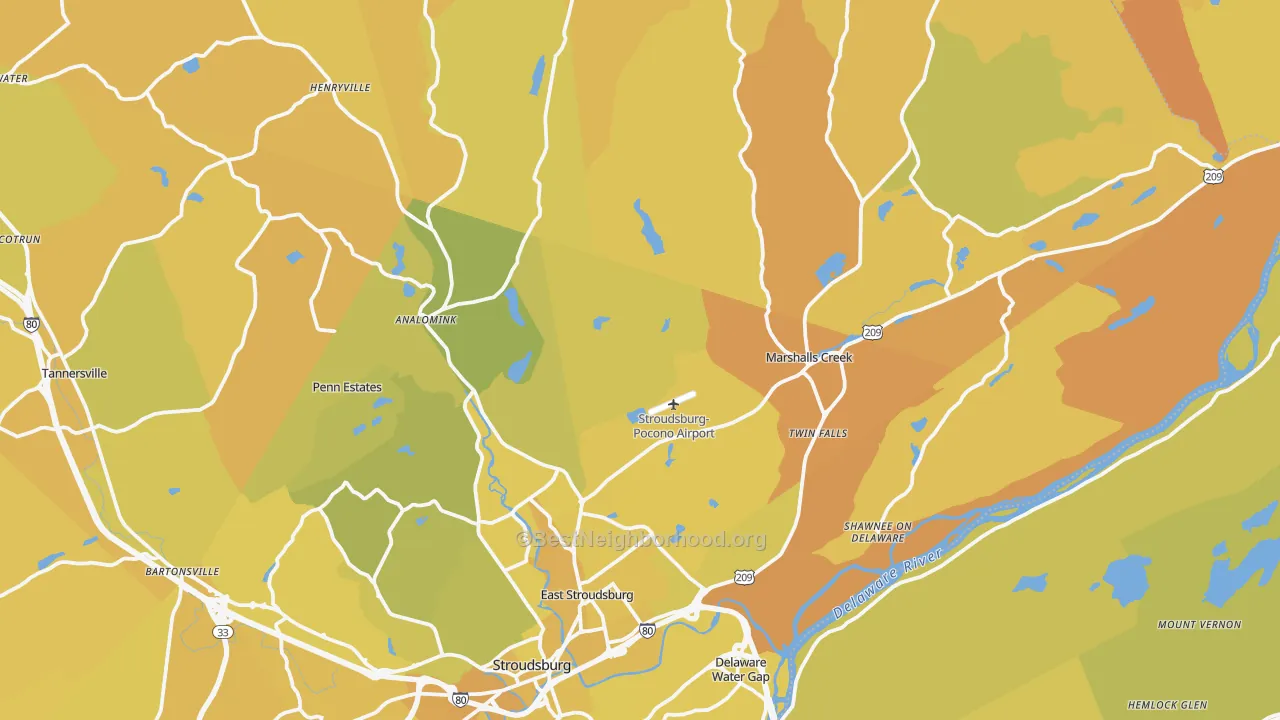Map of the best neighborhoods in the East Stroudsburg area, with better matches in green and worse matches in red