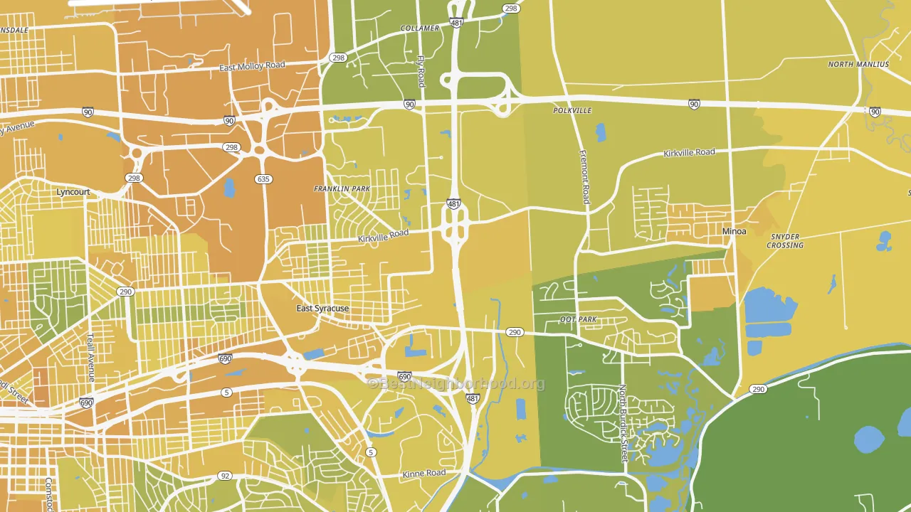 Map of the best neighborhoods in the East Syracuse area, with better matches in green and worse matches in red