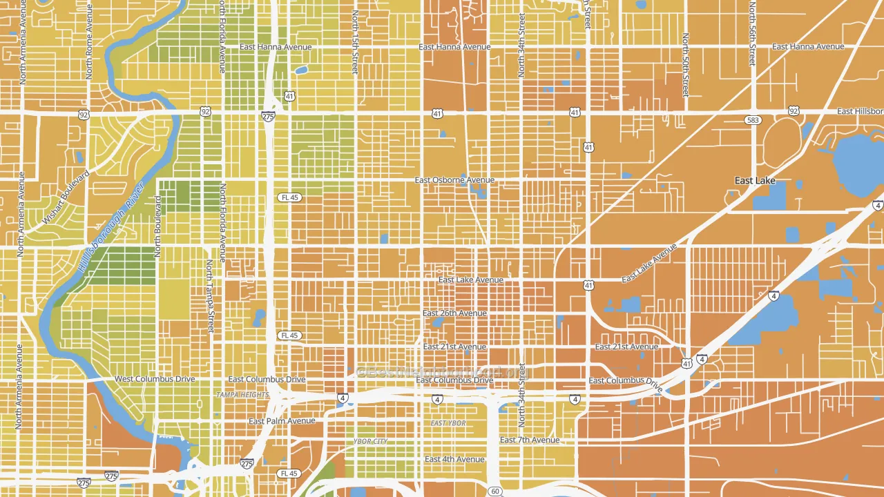 Map of the best neighborhoods in the East Tampa, Tampa area, with better matches in green and worse matches in red