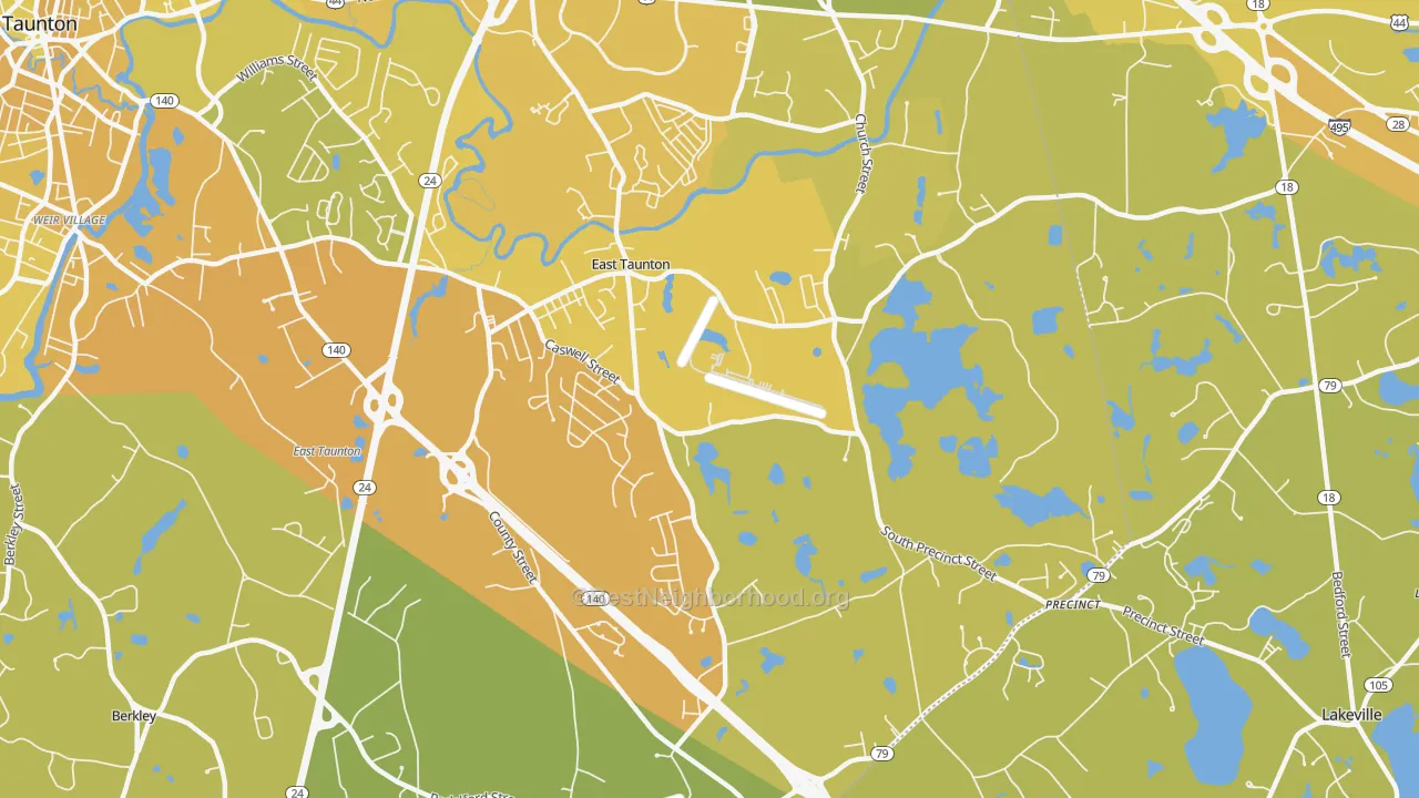 Map of the best neighborhoods in the East Taunton area, with better matches in green and worse matches in red