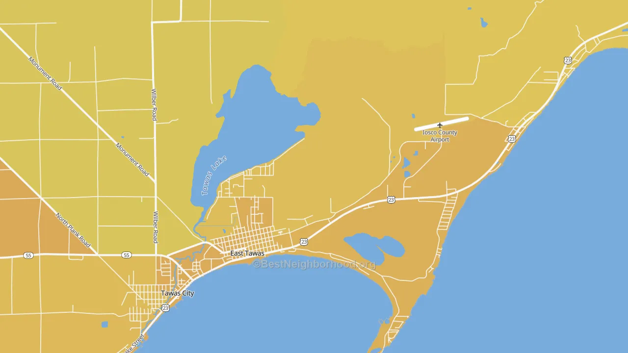 Map of the best neighborhoods in the East Tawas area, with better matches in green and worse matches in red