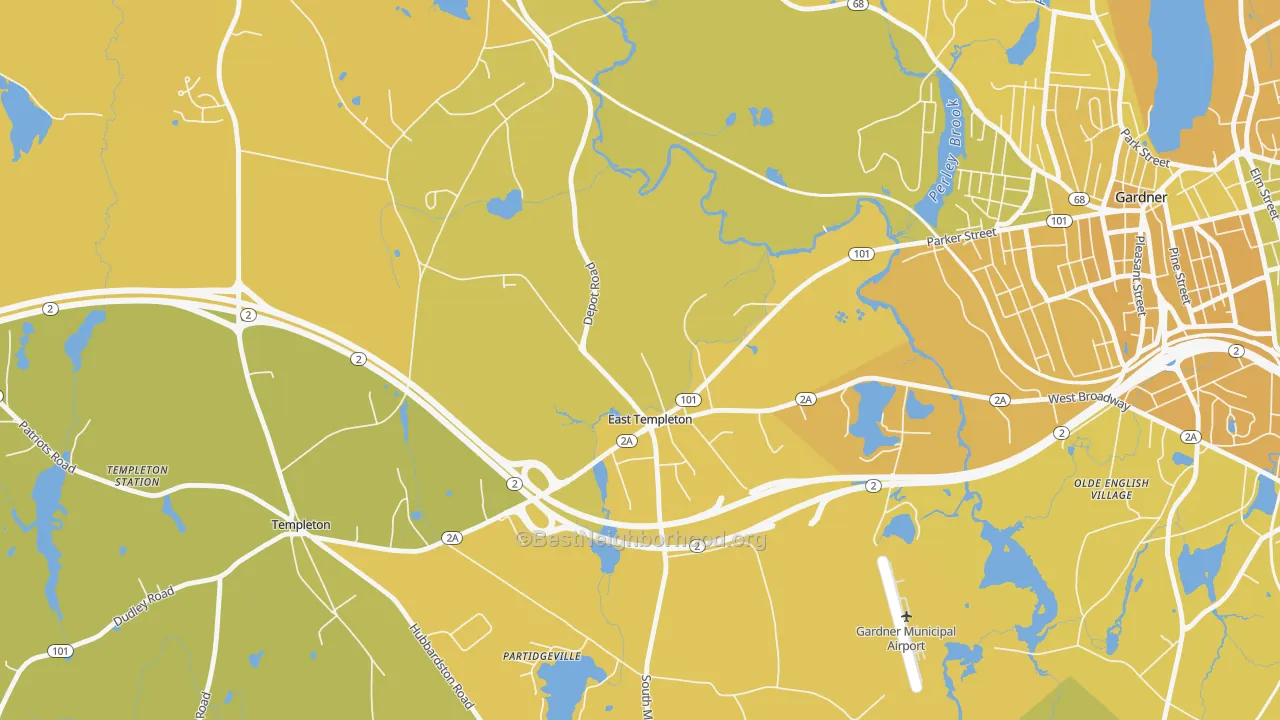 Map of the best neighborhoods in the East Templeton area, with better matches in green and worse matches in red