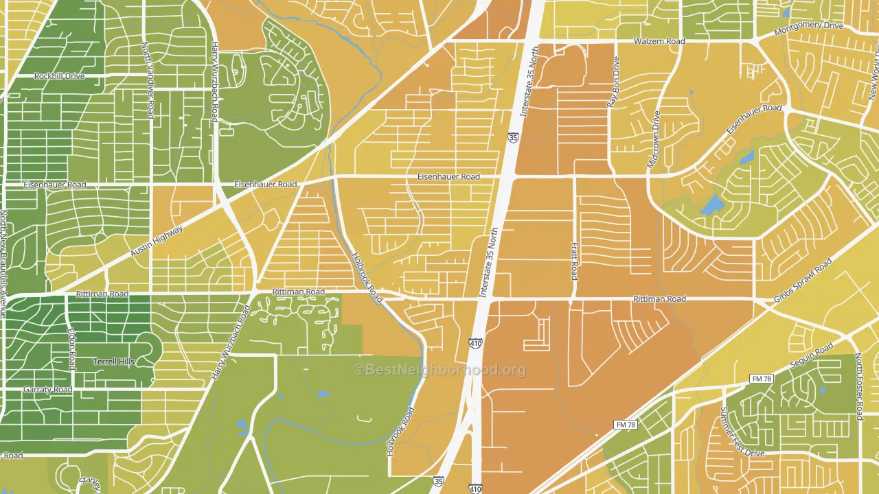 Map of the best neighborhoods in the East Terrell Hills, San Antonio area, with better matches in green and worse matches in red