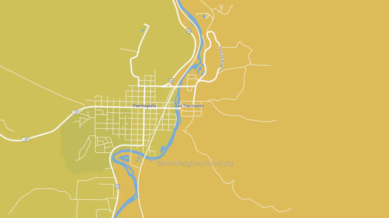 Map of the best neighborhoods in the East Thermopolis area, with better matches in green and worse matches in red
