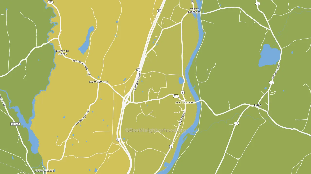 Map of the best neighborhoods in the East Thetford area, with better matches in green and worse matches in red