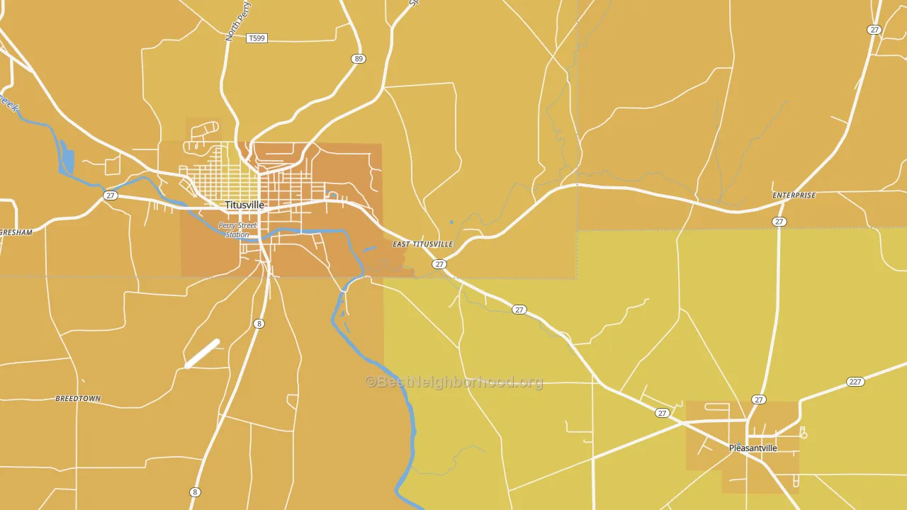 Map of the best neighborhoods in the East Titusville area, with better matches in green and worse matches in red