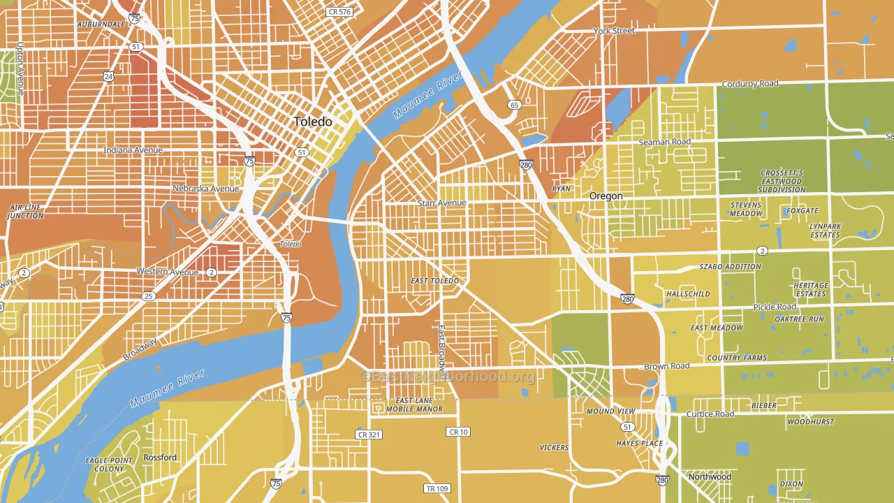 Map of the best neighborhoods in the East Toledo, Toledo area, with better matches in green and worse matches in red