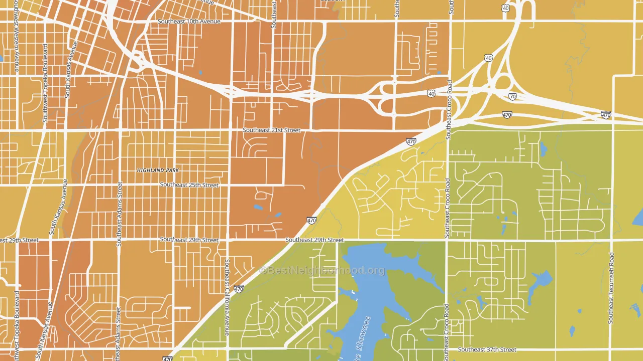 Map of the best neighborhoods in the East Topeka, Topeka area, with better matches in green and worse matches in red