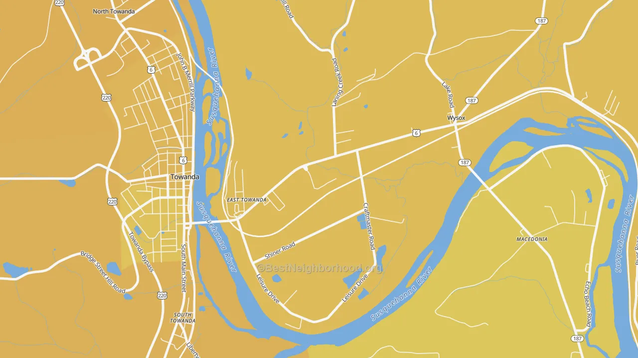 Map of the best neighborhoods in the East Towanda area, with better matches in green and worse matches in red