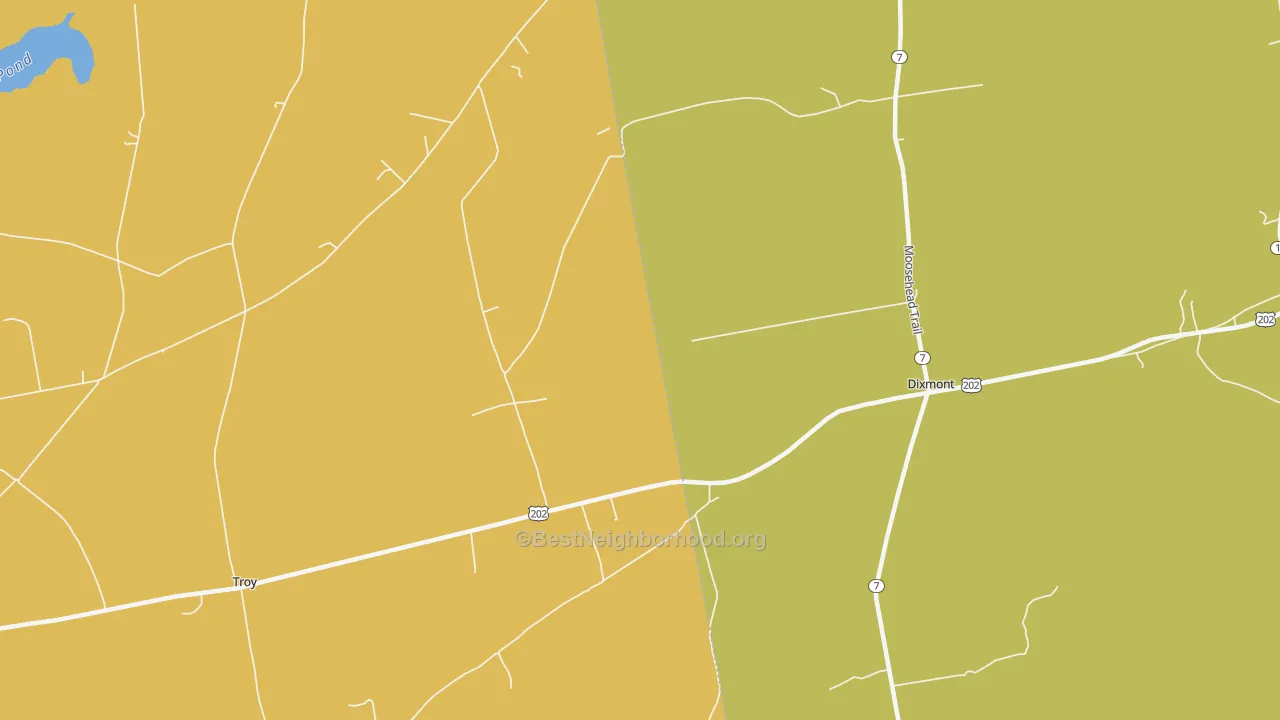 Map of the best neighborhoods in the East Troy area, with better matches in green and worse matches in red