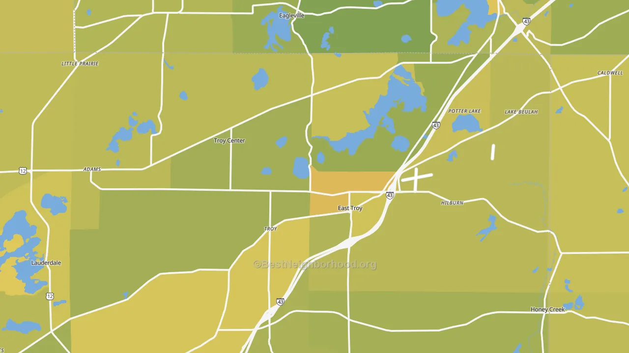 Map of the best neighborhoods in the East Troy area, with better matches in green and worse matches in red