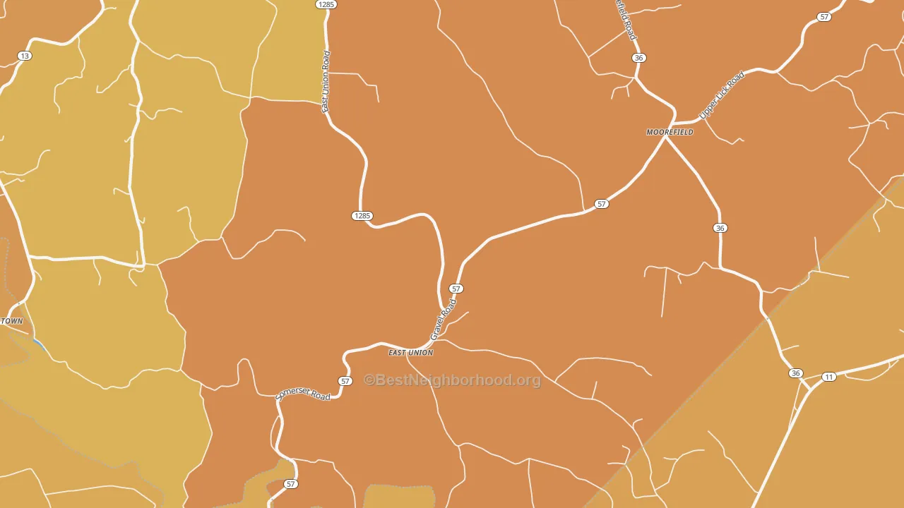 Map of the best neighborhoods in the East Union area, with better matches in green and worse matches in red