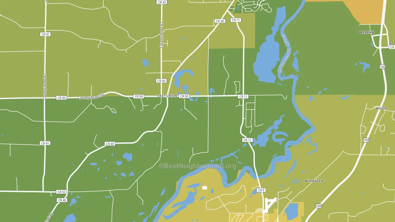 Map of the best neighborhoods in the East Union area, with better matches in green and worse matches in red