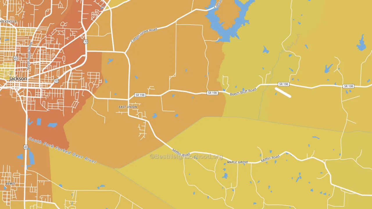 Map of the best neighborhoods in the East Union area, with better matches in green and worse matches in red