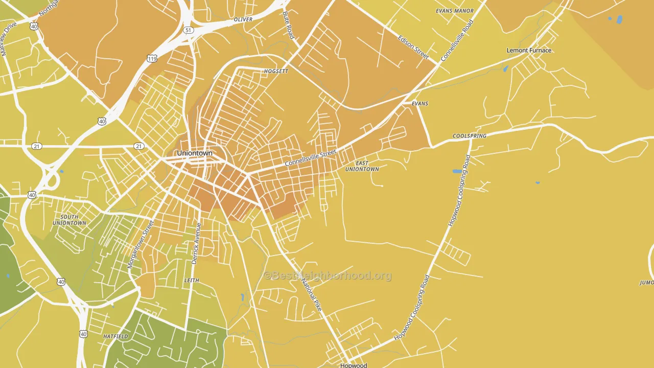 Map of the best neighborhoods in the East Uniontown area, with better matches in green and worse matches in red