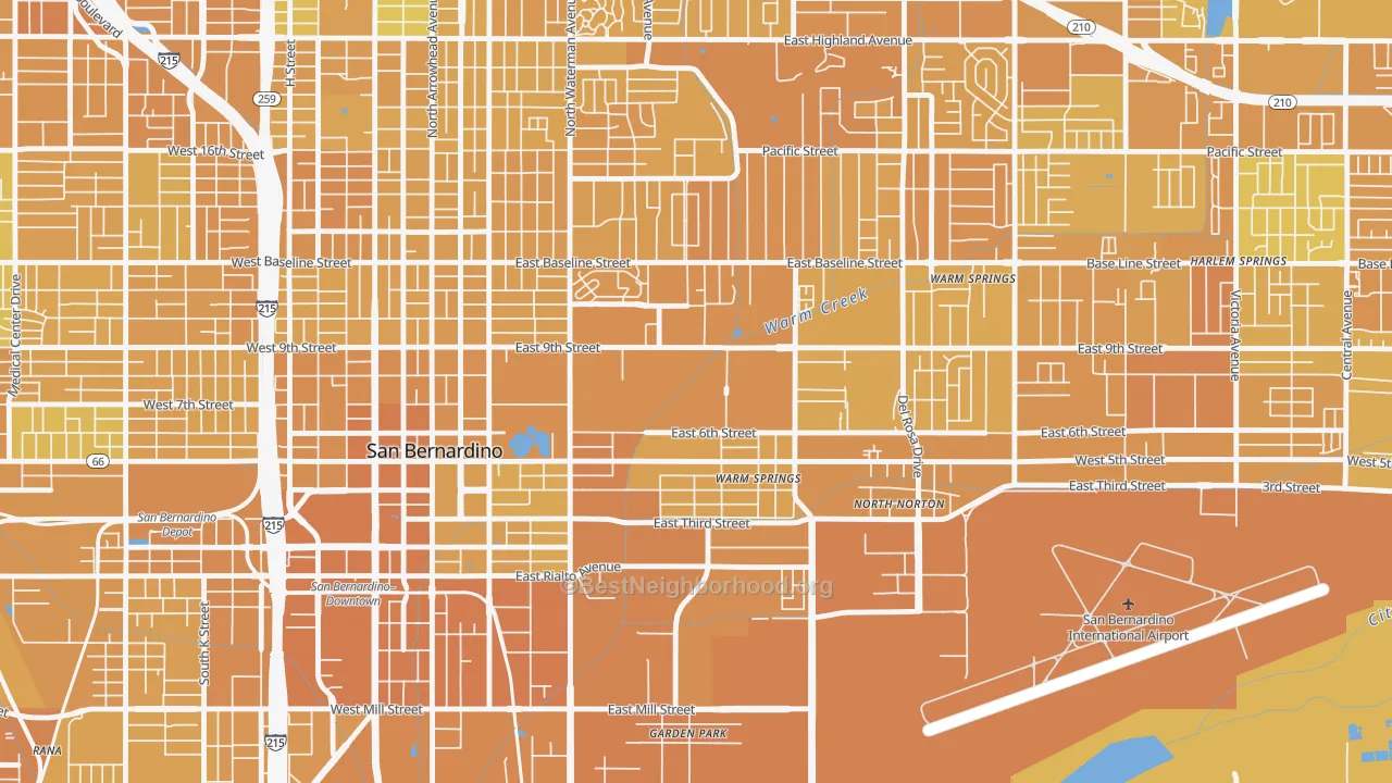 Map of the best neighborhoods in the East Valley, San Bernardino area, with better matches in green and worse matches in red