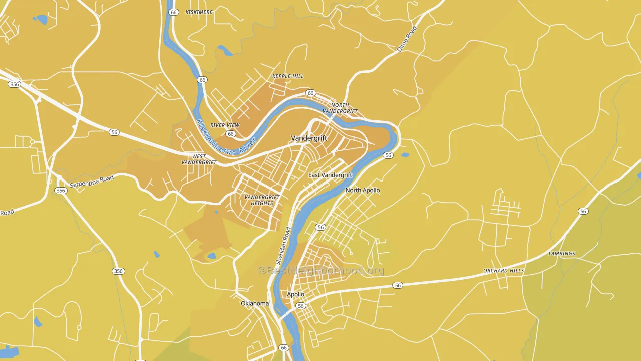 Map of the best neighborhoods in the East Vandergrift area, with better matches in green and worse matches in red