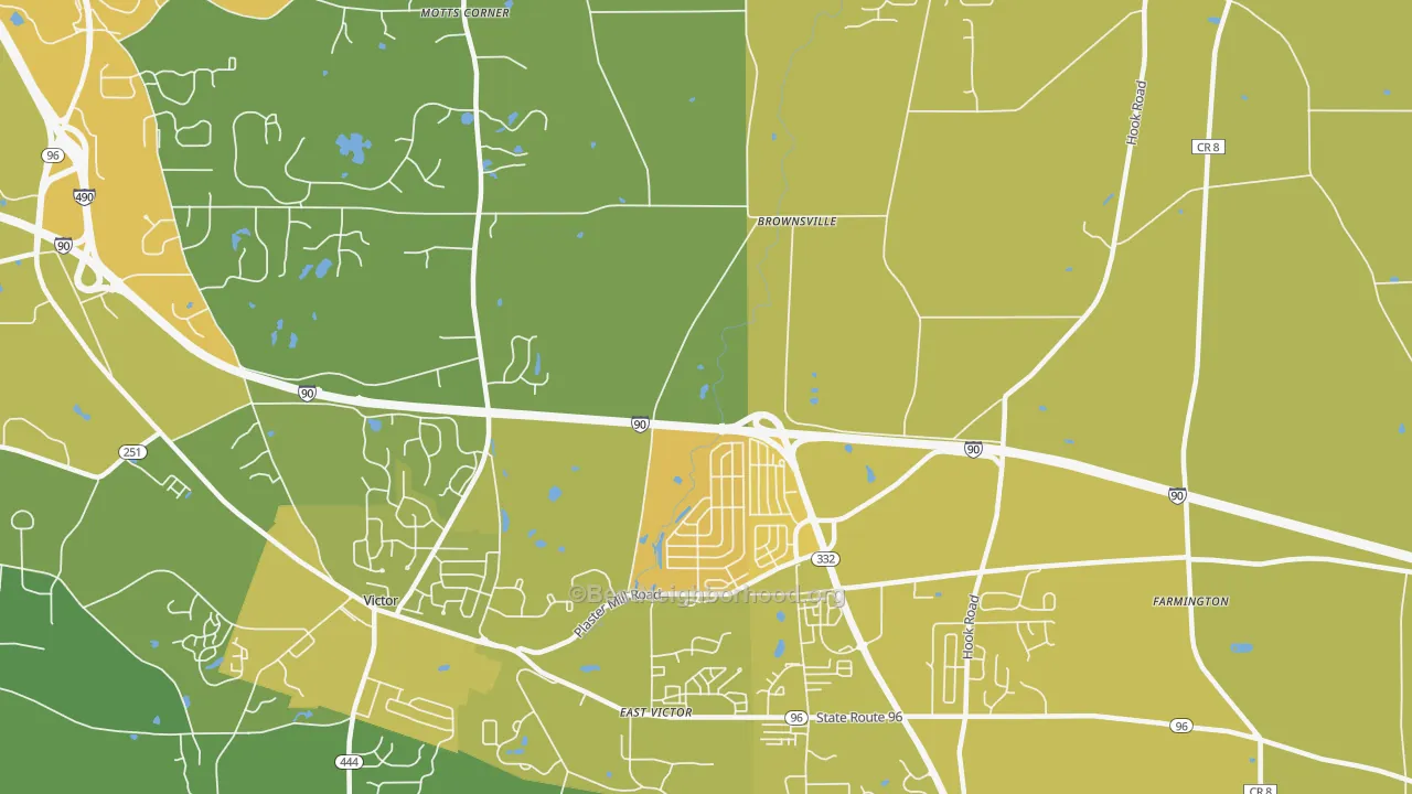 Map of the best neighborhoods in the East Victor area, with better matches in green and worse matches in red