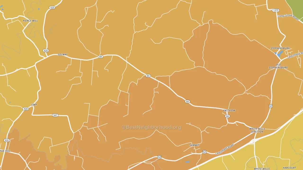 Map of the best neighborhoods in the East View area, with better matches in green and worse matches in red