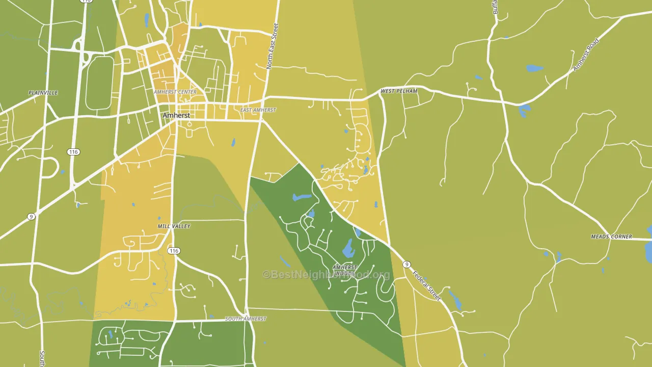 Map of the best neighborhoods in the East Village, Amherst area, with better matches in green and worse matches in red