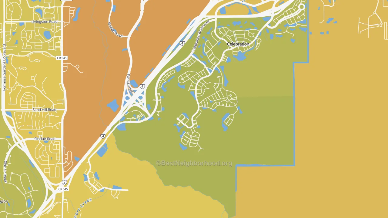 Map of the best neighborhoods in the East Village, Celebration area, with better matches in green and worse matches in red