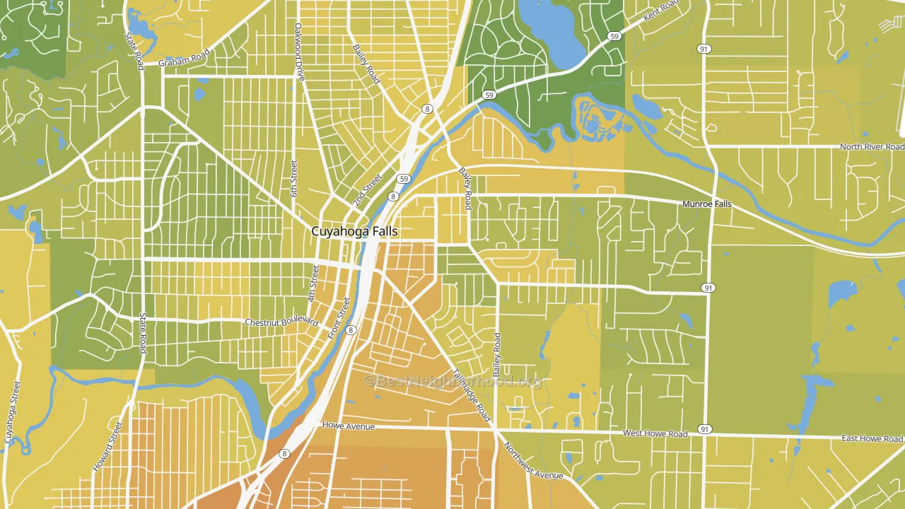 Map of the best neighborhoods in the East Village, Cuyahoga Falls area, with better matches in green and worse matches in red
