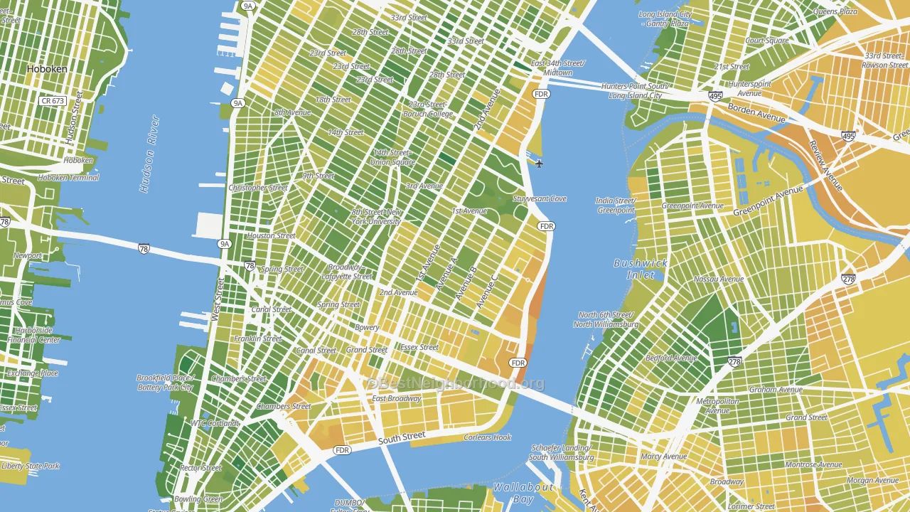 Map of the best neighborhoods in the East Village, Manhattan area, with better matches in green and worse matches in red