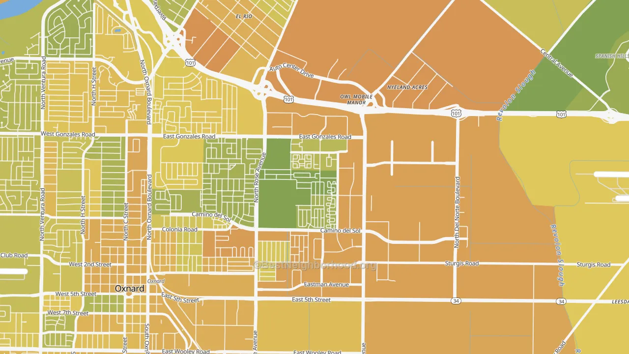Map of the best neighborhoods in the East Village Oxnard, Oxnard area, with better matches in green and worse matches in red