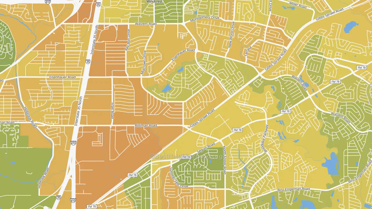 Map of the best neighborhoods in the East Village, San Antonio area, with better matches in green and worse matches in red