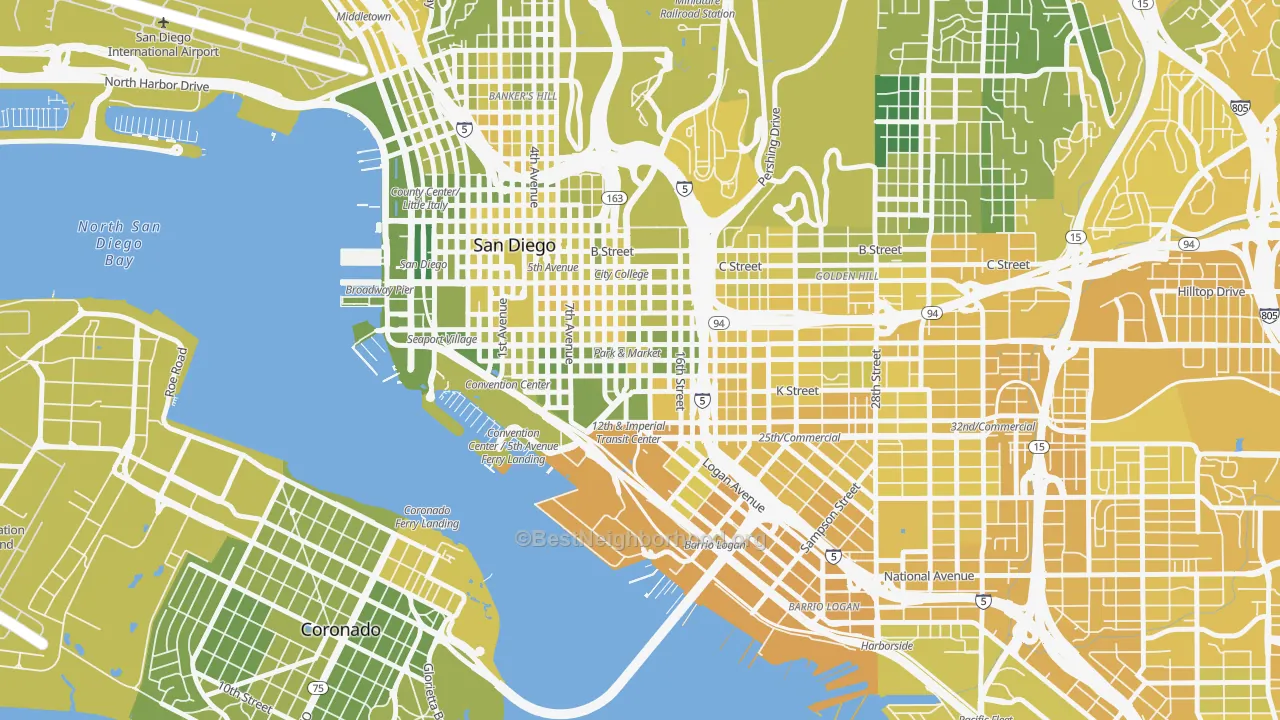 Map of the best neighborhoods in the East Village, San Diego area, with better matches in green and worse matches in red