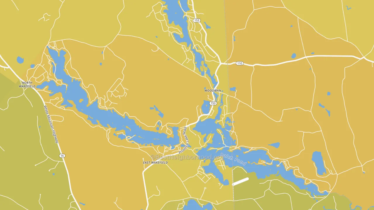 Map of the best neighborhoods in the East Wakefield area, with better matches in green and worse matches in red