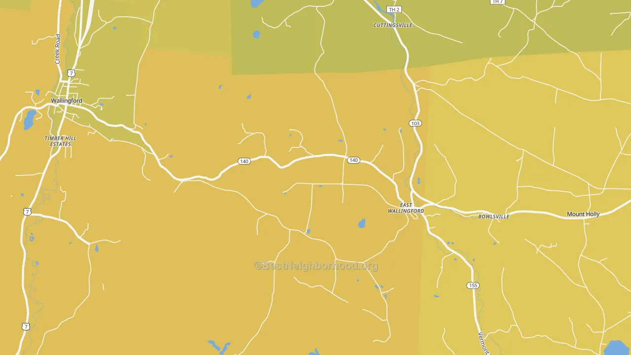 Map of the best neighborhoods in the East Wallingford area, with better matches in green and worse matches in red
