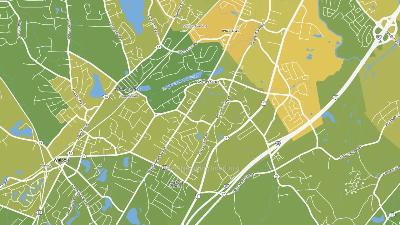 Map of the best neighborhoods in the East Walpole area, with better matches in green and worse matches in red