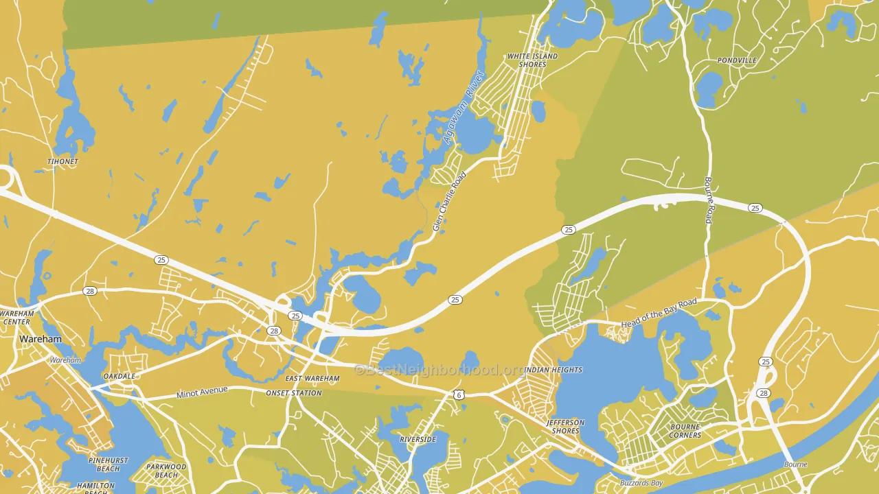 Map of the best neighborhoods in the East Wareham area, with better matches in green and worse matches in red
