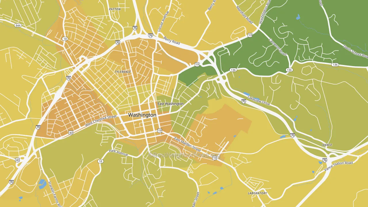 Map of the best neighborhoods in the East Washington area, with better matches in green and worse matches in red